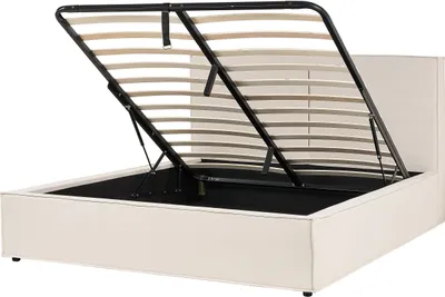 Produktbild von BELIANI Polsterbett Beige Stoffbezug mit Hohem Kopfteil Lattenrost 160 x 200 cm Bettkasten Hochklappbar Modern Skandi Schalfzimmer Ausstattung Möbel