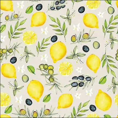 Immagine prodotto di Tovaglioli di carta 33x33 cm, 3 veli, con motivo limoni e olive, 20 pezzi