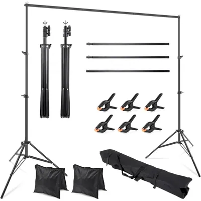 Image de Trépied pour fond - Système de support pour fond photo 2 x 2 m - Acier inoxydable - Réglable - 6 pinces - Sac de transport - Fond non inclus - Noir