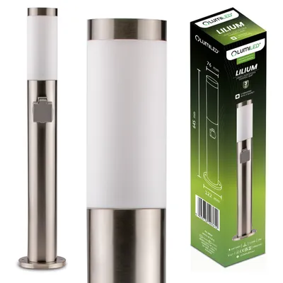 A product shot of a silver and white outdoor lamp and its packaging.