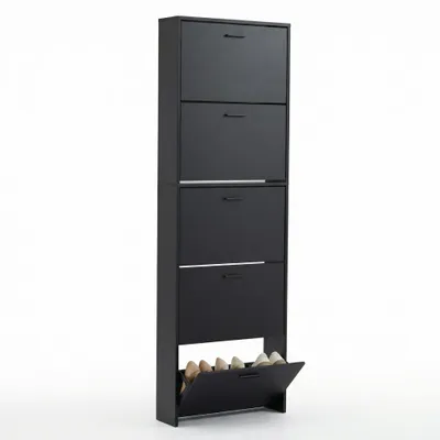 Image de CASABEL Meuble à Chaussures Moderne 5 Abattants, 15 Paires, Rangement chaussures en Bois, Couleur Noir