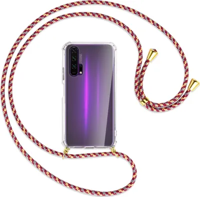 Produktbild von Handykette Backcover-Schutzhülle mit Band (Metall goldfarben) für Honor 20 Pro - weinrot/gelb/grau
