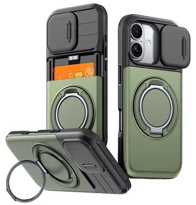 Obrázek produktu pro Pouzdro pro iPhone 17/iPhone 16 Pro, Přihrádkou na karty, posuvným krytem fotoaparátu, kroužkovým stojánkem Zelená