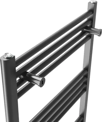 A close-up, angled view of a black towel radiator against a white background.