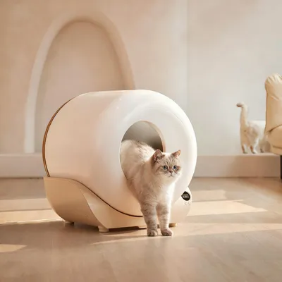 A cat is exiting a modern, rounded self-cleaning litter box in a well-lit, minimalist room with wooden floors. Another white cat figurine is visible in the background.