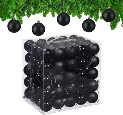 Image de Lot de 100 boules de Noël Relaxdays, en plastique, diamètre : 6 cm, décorations rondes pour sapin de Noël, décorations incassables, noir