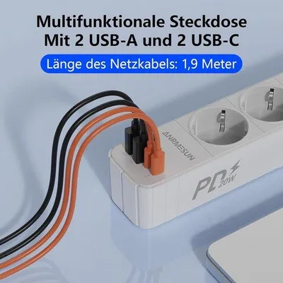 Zdjęcie produktu dla Listwa zasilająca z portem USB-C PD 20W, gniazdo z zabezpieczeniem przed przepięciami, 4 porty USB (2 USB-C), włącznik/wyłącznik, kabel o długości 1,9 m - biała