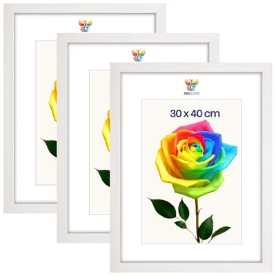 Produktbild von MG Design 3er Set Bilderrahmen 30 x 40 cm - Fotorahmen mit Weiß Echtholzrahmen und bruchsicherem Acrylglas, Hoch & Quer zum Aufhängen, zum Aufstellen