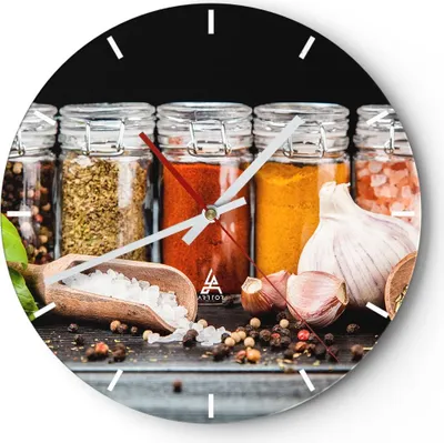 Produktbild von Wanduhr - Rund - Glasuhr - Gewürze Knoblauch Holz Salz - 40x40cm - Schleichendes Uhrwerk - Lautlos - zum Aufhängen bereit - Dekoration Modern - Wanddekoration aus Glas - C3AR40x40-2896
