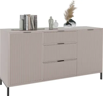 Produktbild von GrekPol Kommode Wave klein Aufbewahrungsschrank mit 3 Schubladen und 2 Türen Vielseitiger Stauraum Kommode Metallgestell Schubladenschrank Sideboard Farbe: Cashmere