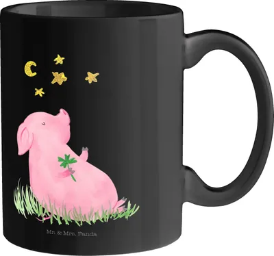 Produktbild von Mr. & Mrs. Panda Trinkbecher Schwein Glück - Schwarz - Geschenk, Ziele, Kaffeetasse, Henkelpott, Glücksbringer, Lustige Sprüche, Becher, Träume, Teetasse, Tasse