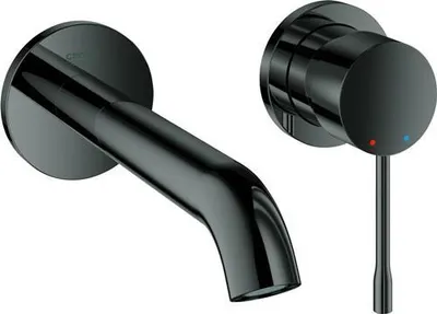 A black wall-mounted faucet and handle set against a white background.