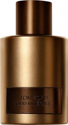 A close-up studio shot of a Tom Ford Oud Minérale perfume bottle.