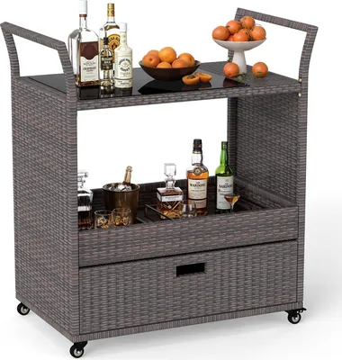 Image de Chariot barbecue COSTWAY pour l'extérieur, table barbecue en polyrotin, chariot de service avec plateau en verre trempé, compartiment de rangement ouvert et tiroir, chariot de jardin