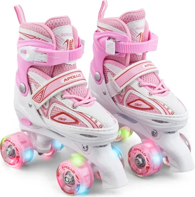 Produktbild von Apollo Super Quad X Pro | verstellbare Rollschuhe für Kinder | komfortable, größenverstellbare LED Roller Skates | Rollschuhe für Mädchen und Jungen | Größen 31 - 42 Größe L (39-42) - weiß/pink
