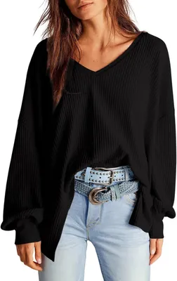 Productafbeelding van Damesblouse, oversized model, V-hals, gebreide stof, wafelstructuur, zacht, comfortabel, zwart, maat L