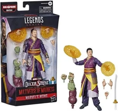 A Hasbro Marvel Legends Doctor Strange 2 - Wong action figure in its packaging, with the figure also displayed outside the box with accessories.