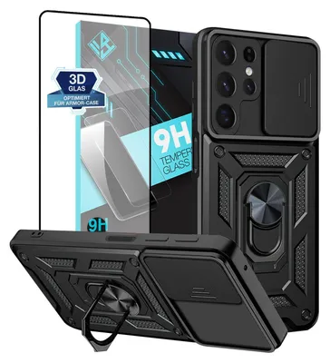 Produktbild von Armor Handyhülle für Samsung Galaxy S22 Ultra mit 9H Displayglas Displayschutz Kameraschutz Handy Panzer Case Cover Schutzhülle Outdoor Farbe: Schwarz