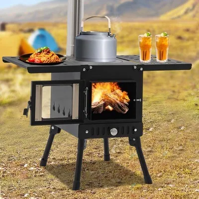 Image de Poêle de tente - Poêle à bois portable - Inclut une cheminée - Compacte - Idéale pour le camping et les activités en extérieur