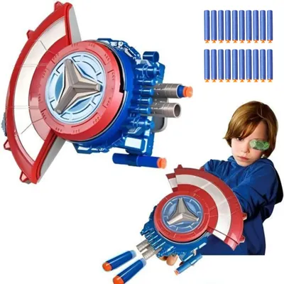 Produktbild von Spielzeugpistolen - Superhelden Captain America Schild Spielzeugpistole für Kinder mit Schussfunktion + 10 extra Schaumstoffkugeln - BLASTFOAM