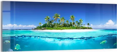Produktbild von DEQORI Glasbild Echtglas 150x60 cm 'Insel im tropischen Meer' Wandbild Bild modern Deko