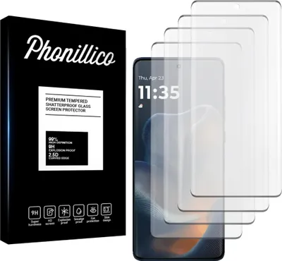 A product shot of a screen protector packaging and multiple screen protectors laid out on a phone.