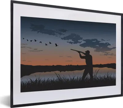 Produktbild von MuchoWow® MuchoWow® Gerahmtes Poster Eine Illustration eines Entenjägers bei Sonnenuntergang 40x30 cm - Poster mit zchwarzem Bilderrahmen - Bilderrahmen - Poster im Rahmen