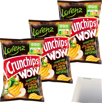 Produktbild von Lorenz Crunchips WOW Jalapeno & Sour Cream geriffelte Kartoffelchips 3er Pack (3x110g Beutel) + usy Block