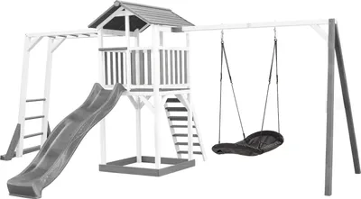 Produktbild von AXI Beach Tower Spielturm aus Holz in Weiß & Grau | Spielhaus für Kinder mit grauer Rutsche, Klettergerüst, Nestschaukel und Sandkasten | Stelzenhaus für den Garten