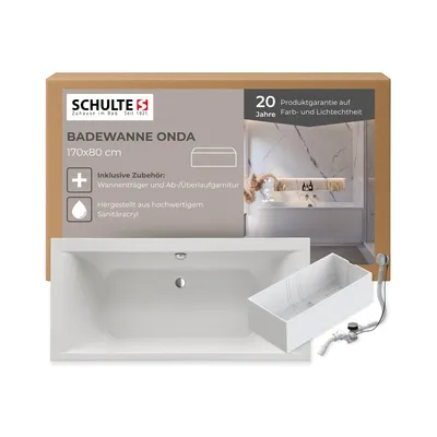 A bathtub and its packaging, showing product details and a lifestyle image.