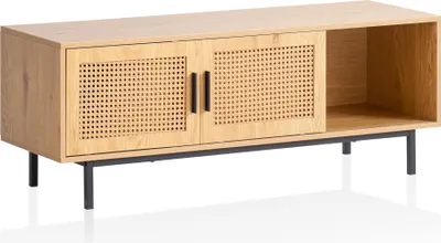 Obrázek produktu pro Lowboard Imitace dub s vídeňským proutí 120x45,5x40 cm tv skříňka nadčasová s posuvnými dveřmi, designová tv skříňka vysoká, tv stolek tv skříňka, tv skříň obývací pokoj ratan | Wohnling