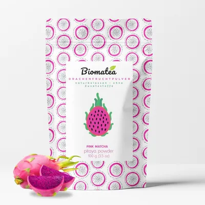 Produktbild von Biomatea Premium Drachenfrucht Pulver 100g – 100% Natürliches Pitaya Pulver – Pink Matcha – Gefriergetrocknet – Ohne Zusätze & Vegan
