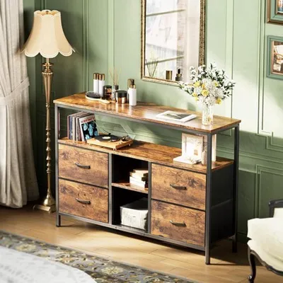 Image de Meuble TV - 137 cm de largeur - Noir - 4 tiroirs en tissu - Meuble de salon moderne avec éclairage LED