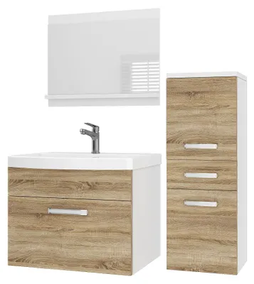 Image de Ensemble de meubles de salle de bain BELINI PRI M2, 90 cm, chêne Sonoma mat. Armoire de salle de bain moderne avec vasque et miroir, entièrement équipée, à fixer au mur