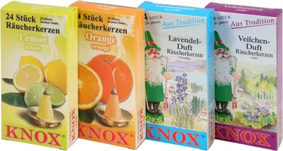 Produktbild von KNOX 4er Set Räucherkerzen Lavendel / Veilchen / Orange / Lemon - Inhalt jeweils 24 Stück, Größe M (Standard) - 078600