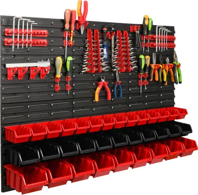 Image de Système de rangement Étagère d'atelier | 117 x 78 cm | 34 pièces Boîte | Étagère murale avec supports pour outils et boîtes empilables - Panneaux muraux Étagère à bacs extra-robuste Panneau perforé pour outils Étagère de rangement Étagère de garage