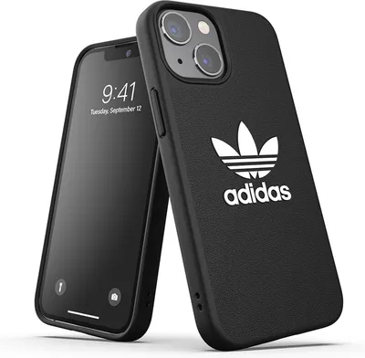 A black iPhone 13 Mini case with the Adidas logo is shown next to an iPhone 13 Mini.