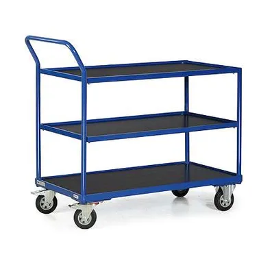 Produktbild von Bako Logistiksysteme Tischwagen F300 mit Bordkante 3 Ladeflächen und schräg abgewinkeltem Schiebegriff 1000x600mm