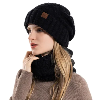 Produktbild von Damen Wintermütze Strickmütze mit Schal für Outdoor Sportarten, Schwarz