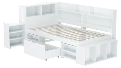 Obrázok produktu pre Detská postel – jednolôžková posteľ s úložným priestorom – 90 x 200 cm – zásuvky a poličky – drevo – rošt je súčasťou – biela farba