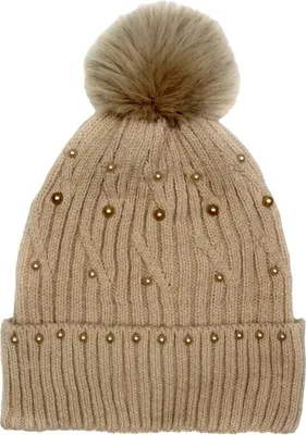 Produktbild von Hellbraune Winterstrickmütze mit Bommel und Perlen, Universalgröße, 100%.Polyacryl