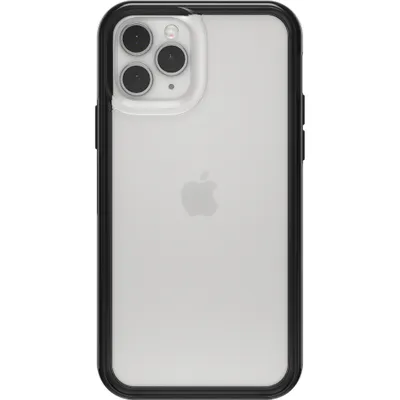 The back of an iPhone 11 Pro in a clear case with a black border.