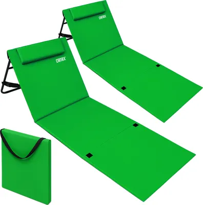 Produktbild von DETEX® 2x Strandmatte mit Rückenlehne Gepolstert Grün Sonnenliege klappbar UV-beständig Tasche Reißverschluss Kissen Tragegurt Garten Camping Picknick Liegematte 158x56cm