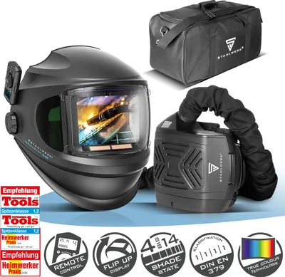 A welding helmet, a PAPR unit, and a duffel bag are displayed together, with various feature icons and text overlays.