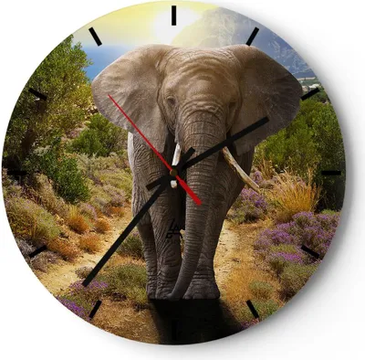 Produktbild von Wanduhr - Rund - Glasuhr - Tiere Afrika Elefanten Spaziergang - 40x40cm - Schleichendes Uhrwerk - Lautlos - zum Aufhängen bereit - Dekoration Modern - Wanddekoration aus Glas - C3AR40x40-2708