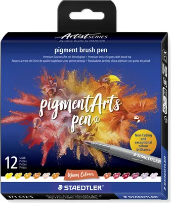 Zdjęcie produktu dla Staedtler Pigment Arts Pen Warm Colours, 12 kol., Wielobarwny, Końcówka pędzlowa, Okrągły, Tworzywo sztuczne pochodzące z recyklingu, Atrament na bazie wody