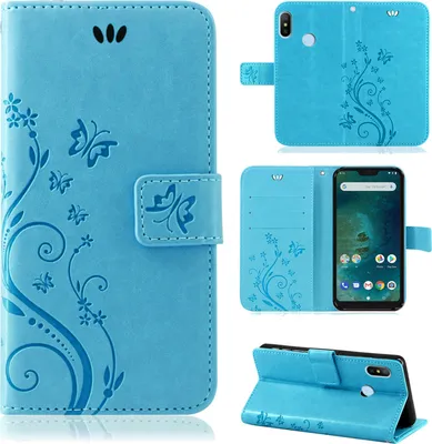 A collage of images showing a blue flip phone case with a floral and butterfly design, including a view of the case open with a phone inside and a view of the case standing up.
