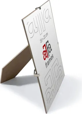 A white picture frame with a stand, shown from a diagonal angle.
