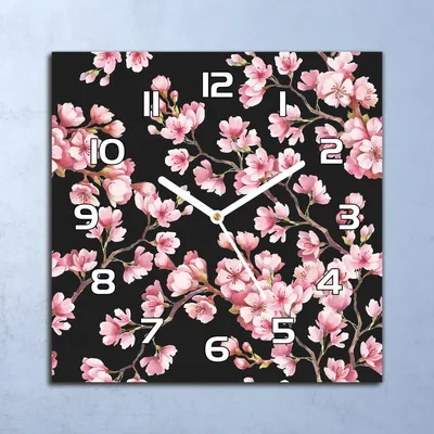 Produktbild von Deko Glasuhr Wanduhr 30x30 Kirschblüten rosa Quarz Küchenuhr Bürouhr