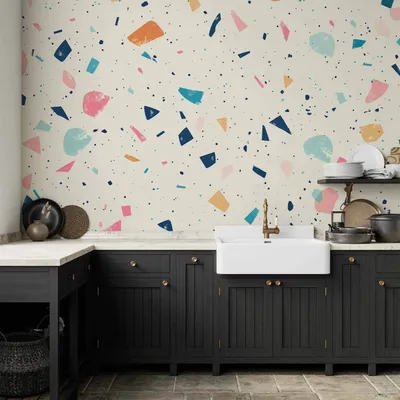 Produktbild von Vlies Fototapete - Terrazzo with Multicolored Large Elements Cheerful Pattern on a Light Background 150x105 cm Muster f-H-10032-a-a